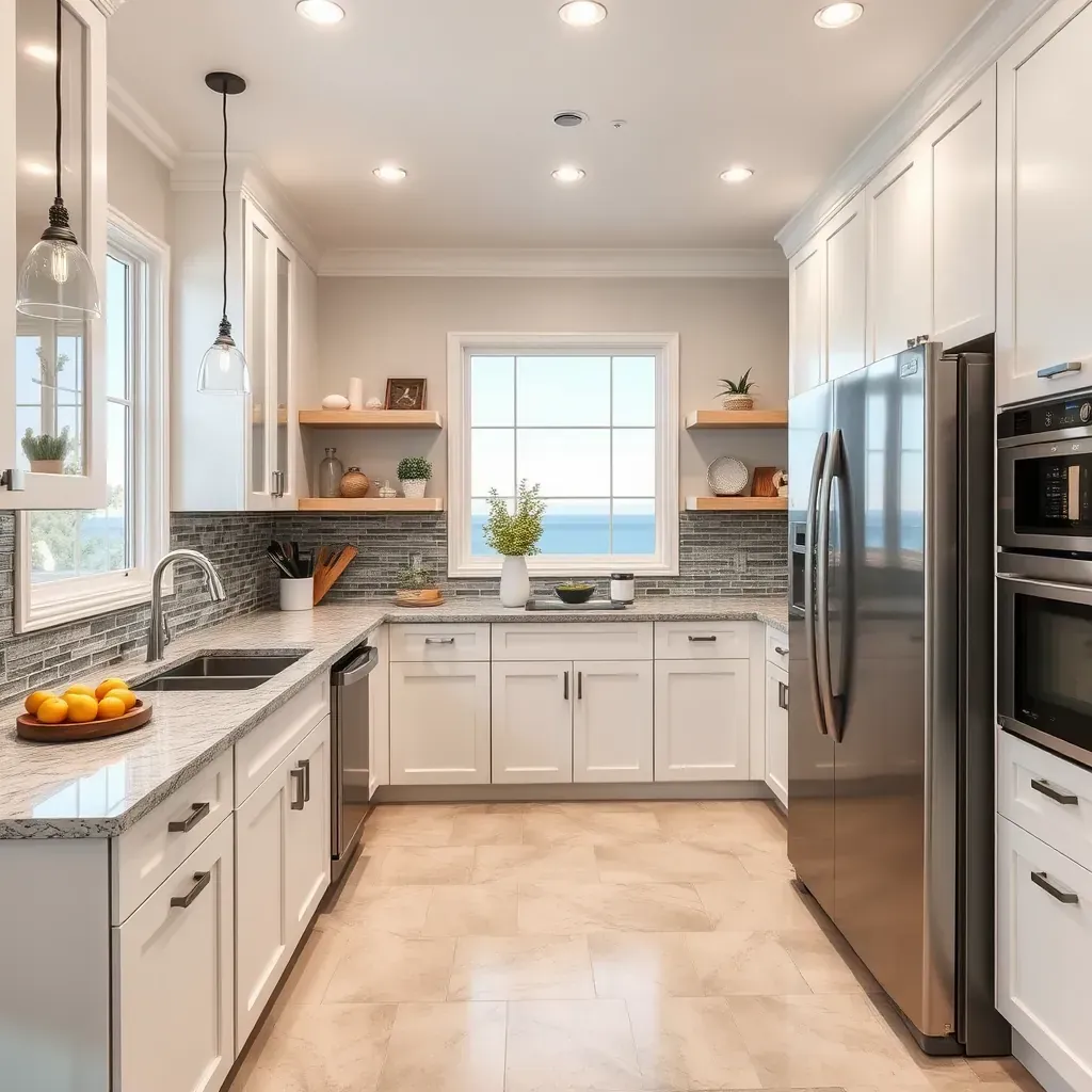 Remodeled Cardiff-by-the-Sea kitchen with coastal coastal design, large windows, white quartz counters, wood cabinets, and ocean views.