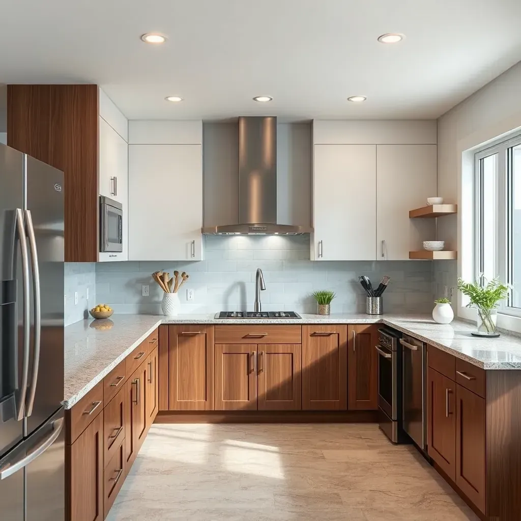 Modern kitchen in Clairemont, CA with sleek cabinetry, granite countertops, stainless steel appliances, island, pendant lights, and lush greenery.