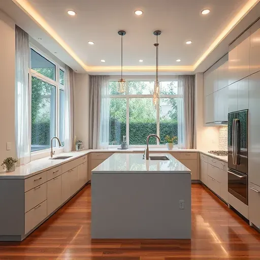 Modern upscale Vista kitchen with sleek cabinetry, quartz countertops, under-cabinet and recessed LED lighting, hardwood floors, stainless steel appliances, and natural light from large windows