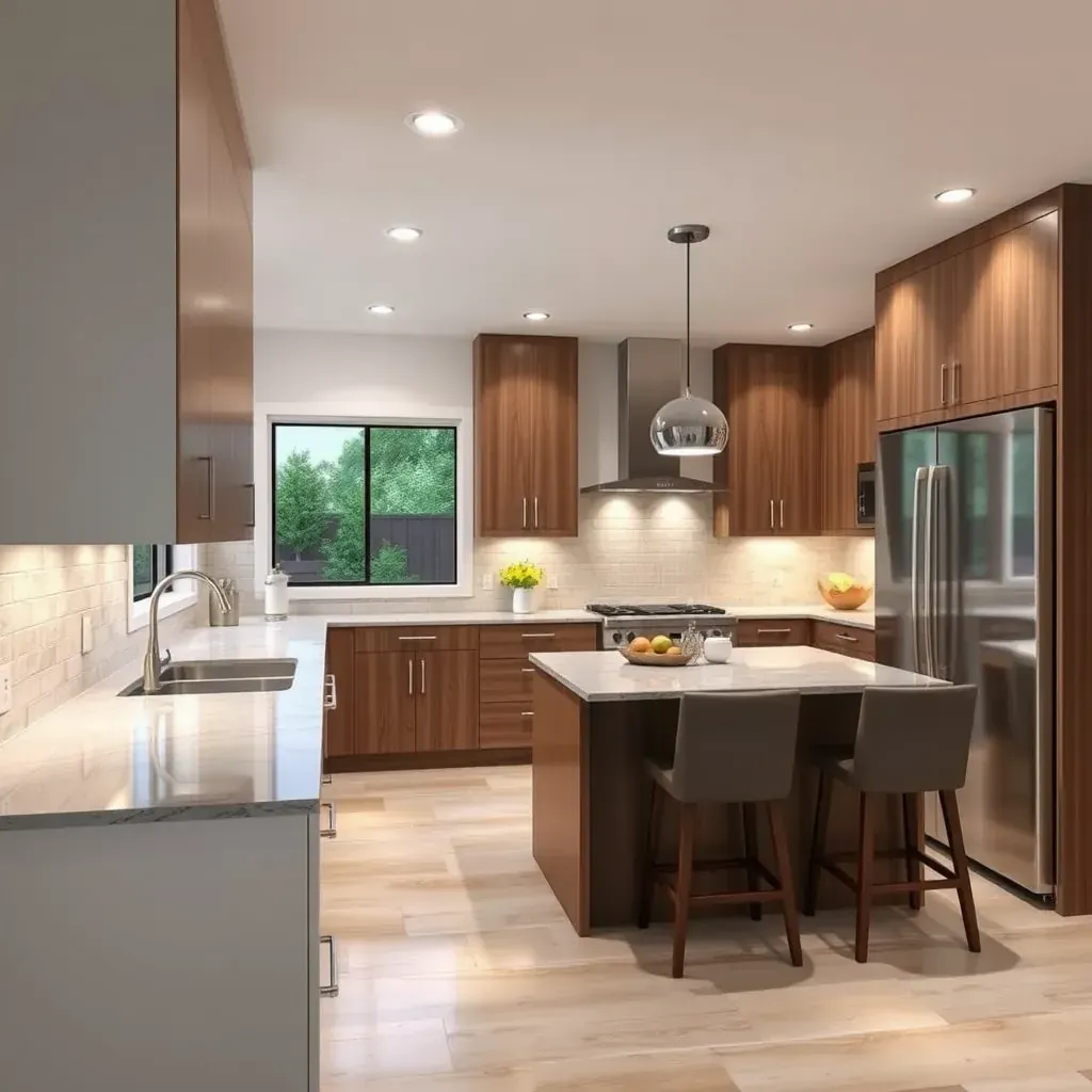 Modern remodeled kitchen in Pala Mesa, CA with light wood, matte black accents, quartz countertops, island, stainless steel appliances, and lush greenery.