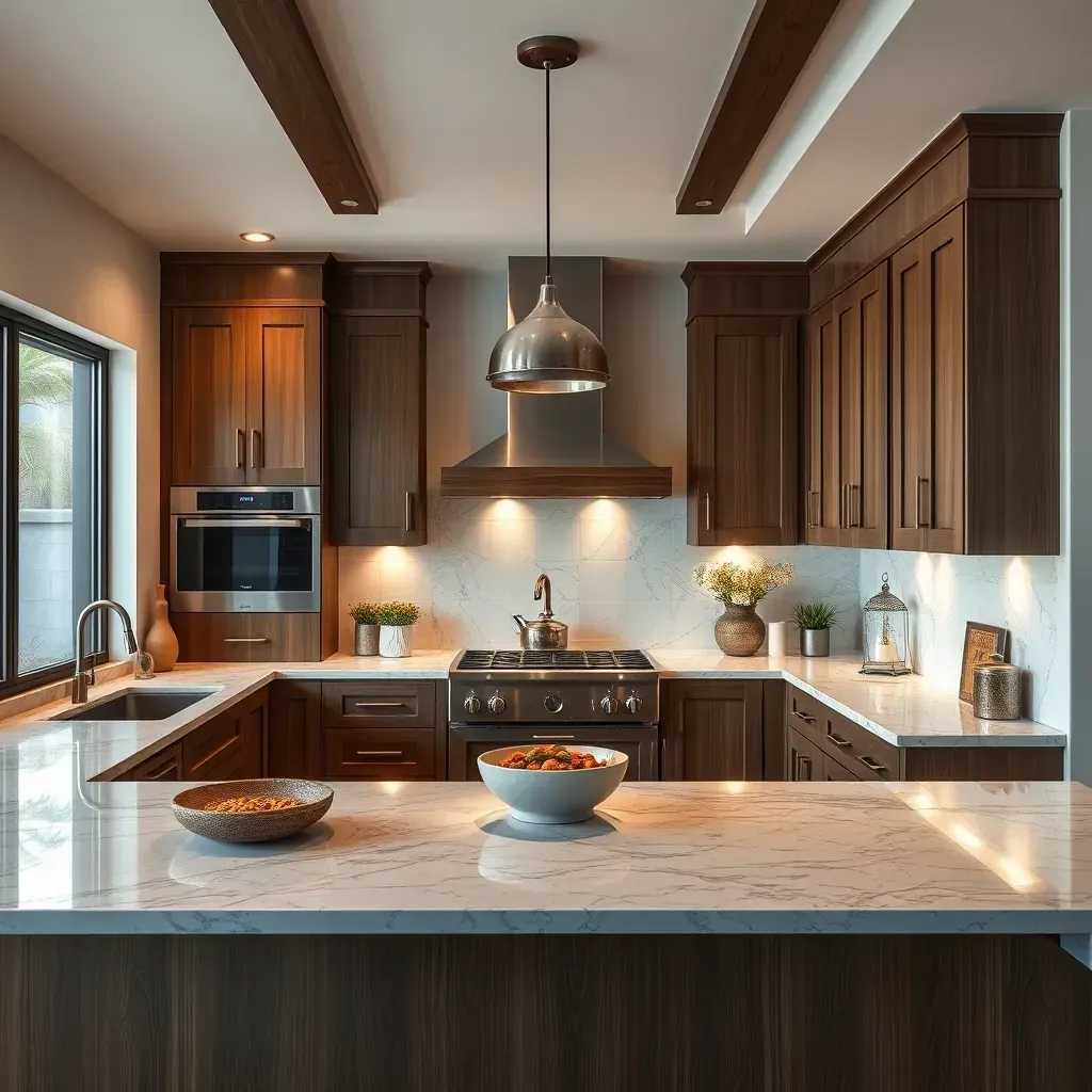 High-end kitchen with modern cabinetry, sleek countertops, and stylish lighting in a contemporary design.