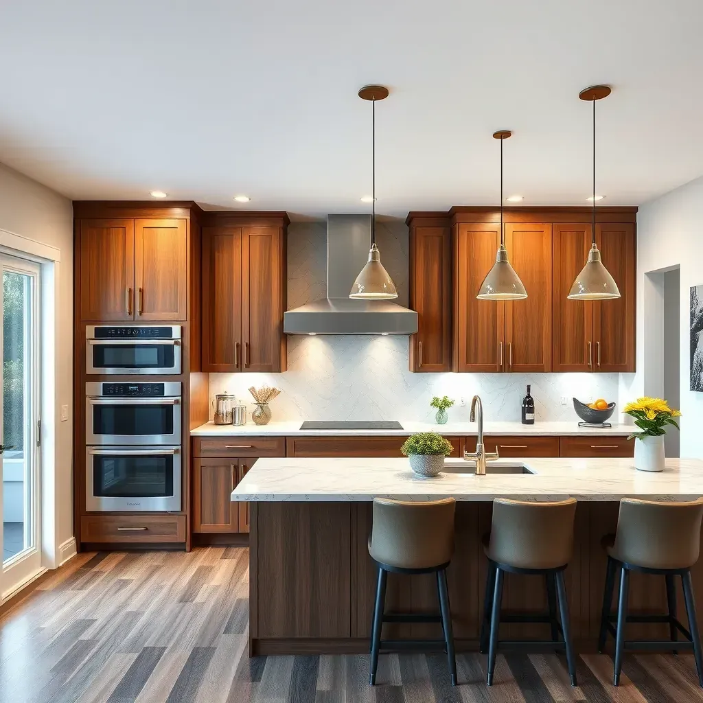 Remodeled Morro Hills kitchen with sleek cabinets, quartz countertops, stainless appliances, and warm wood flooring.