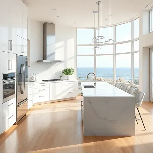 Modern Solana Beach kitchen with white cabinets, stainless steel appliances, marble island, hardwood floors, coastal views, natural light