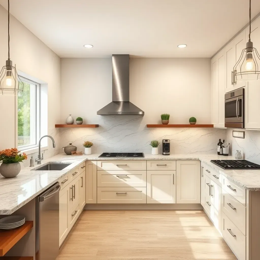 Modernized kitchen in Del Dios, CA with white quartz counters, oak cabinets, marble island, stainless steel appliances, and warm hardwood flooring.