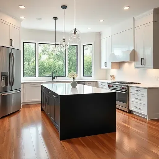 Remodeled Morro Hills kitchen with white quartz countertops, black island, stainless appliances, modern lighting and hardwood floor