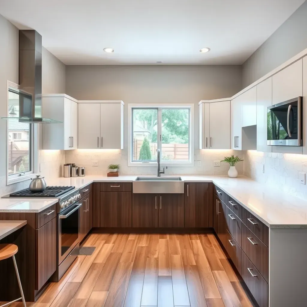 Modern kitchen in Normal Heights, CA with white cabinets, quartz island, subway backsplash, stainless appliances, hardwood floors.