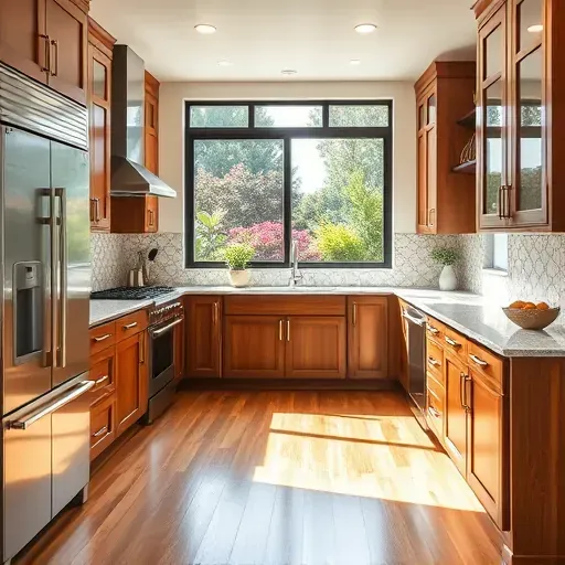 Modern custom kitchen in Vista California with stainless steel appliances granite countertops wooden cabinetry lush backyard hardwood flooring and tiled backsplash