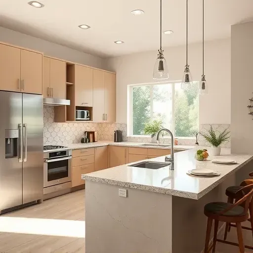 Modern kitchen remodel in Vista, CA with sleek cabinetry, granite island, geometric backsplash, and natural light.