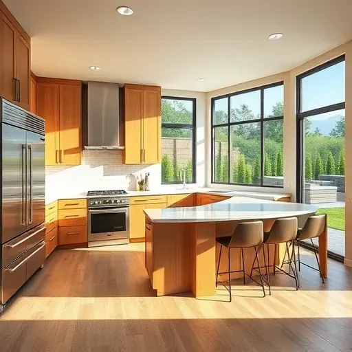 Modern open-concept kitchen remodel in Vista featuring warm oak cabinetry, quartz countertops, and natural light.