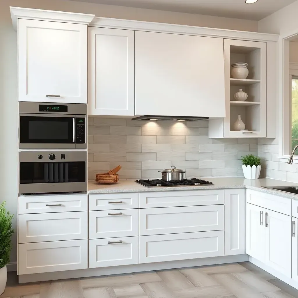 High-quality image of wooden kitchen cabinets in a modern, bright kitchen setting in Vista, California, with no people present.