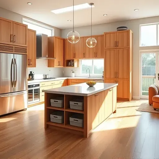 Freshly remodeled Vista CA kitchen with warm oak cabinetry, quartz island, stainless steel appliances, and hardwood flooring.