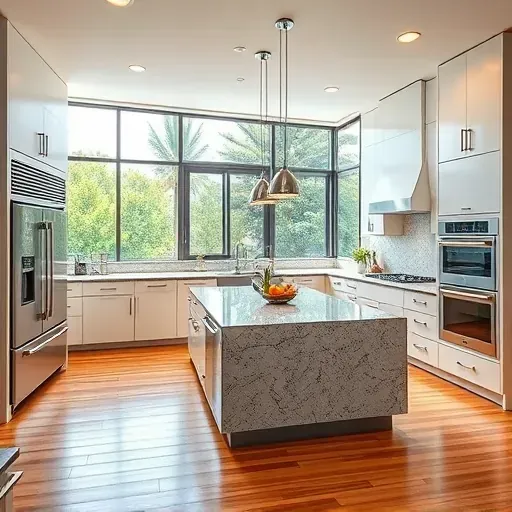 Remodeled kitchen in Rancho Bernardo CA with sleek cabinetry, granite island, stainless appliances, and natural light.