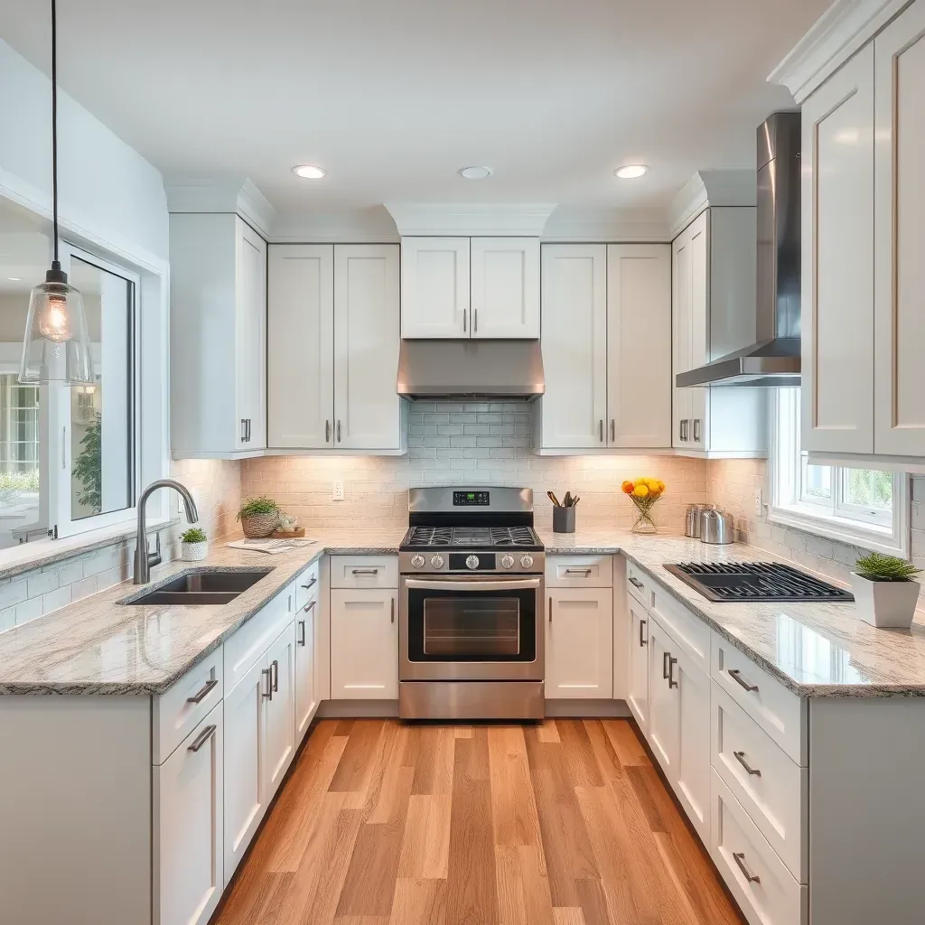 Modern Leucadia, CA kitchen with quartz counters, stainless steel appliances, coastal views, and hardwood flooring.