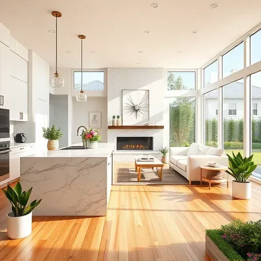 Modern kitchen remodel in Deer Springs CA with sleek cabinetry, marble counters, open floor plan, and elegant decor.