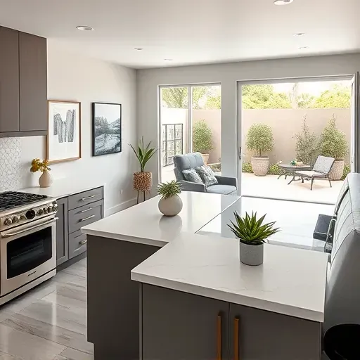 Modern kitchen remodel in Torrey Highlands, CA with quartz countertops, stainless steel appliances, and open design.