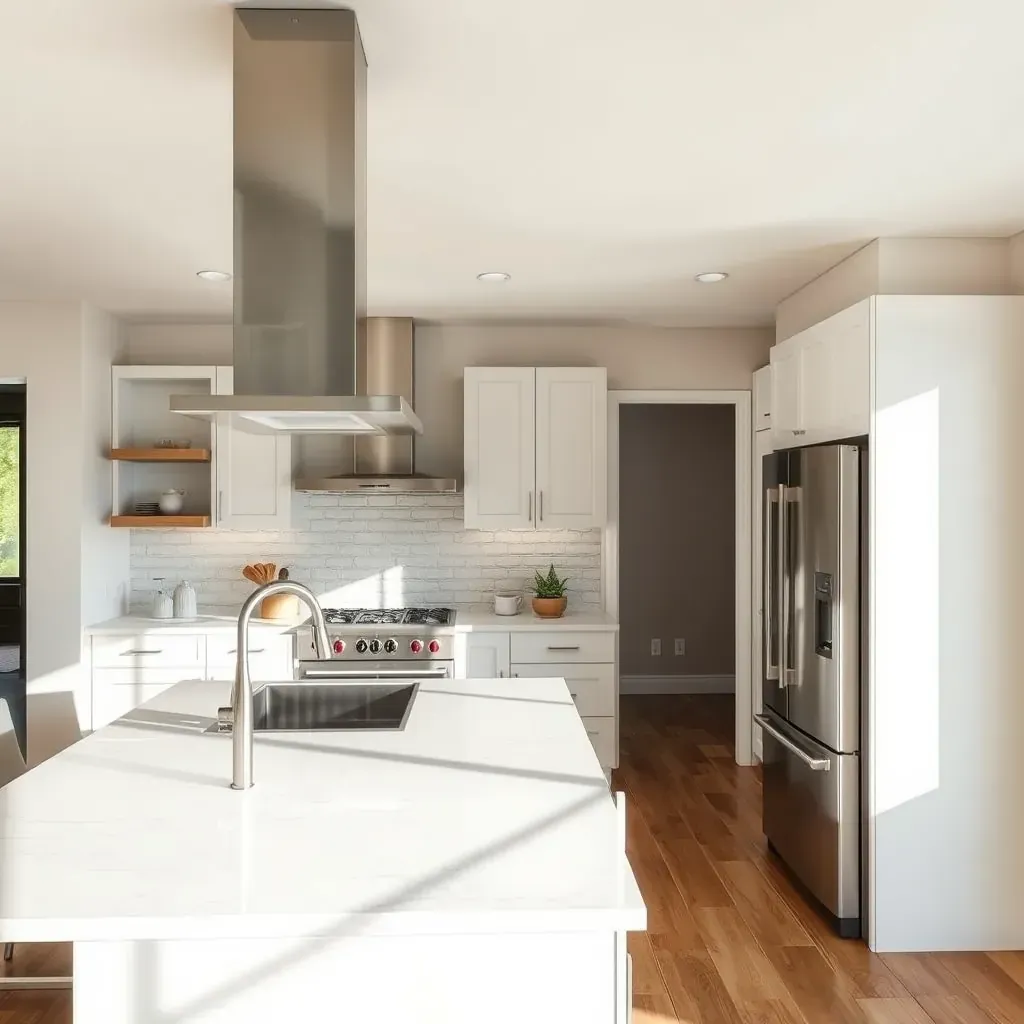 Modern lakeside kitchen with white cabinetry, wood accents, stainless steel appliances, quartz island, and scenic Lake San Marcos views.