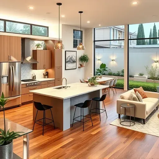 Modern kitchen in Mira Mesa with custom cabinetry, quartz island, and inviting living area in warm neutrals.