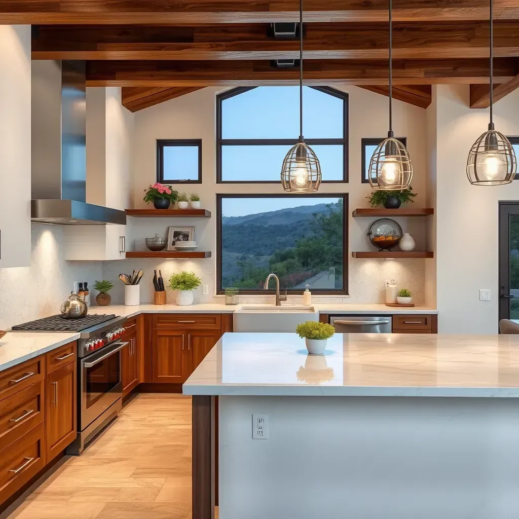 Modern San Elijo Hills kitchen with white and wood cabinets, quartz counters, stainless steel appliances, and large windows.