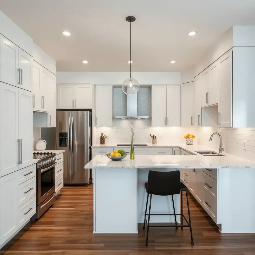 Modern Mira Mesa kitchen with gray cabinets, white quartz countertops, stainless appliances, hardwood floor, and natural light.