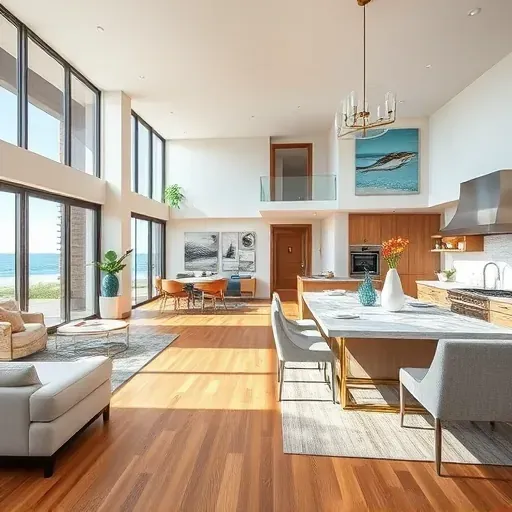 Contemporary Solana Beach home remodel showcasing a bright open living area, modern furnishings, and stylish coastal decor.