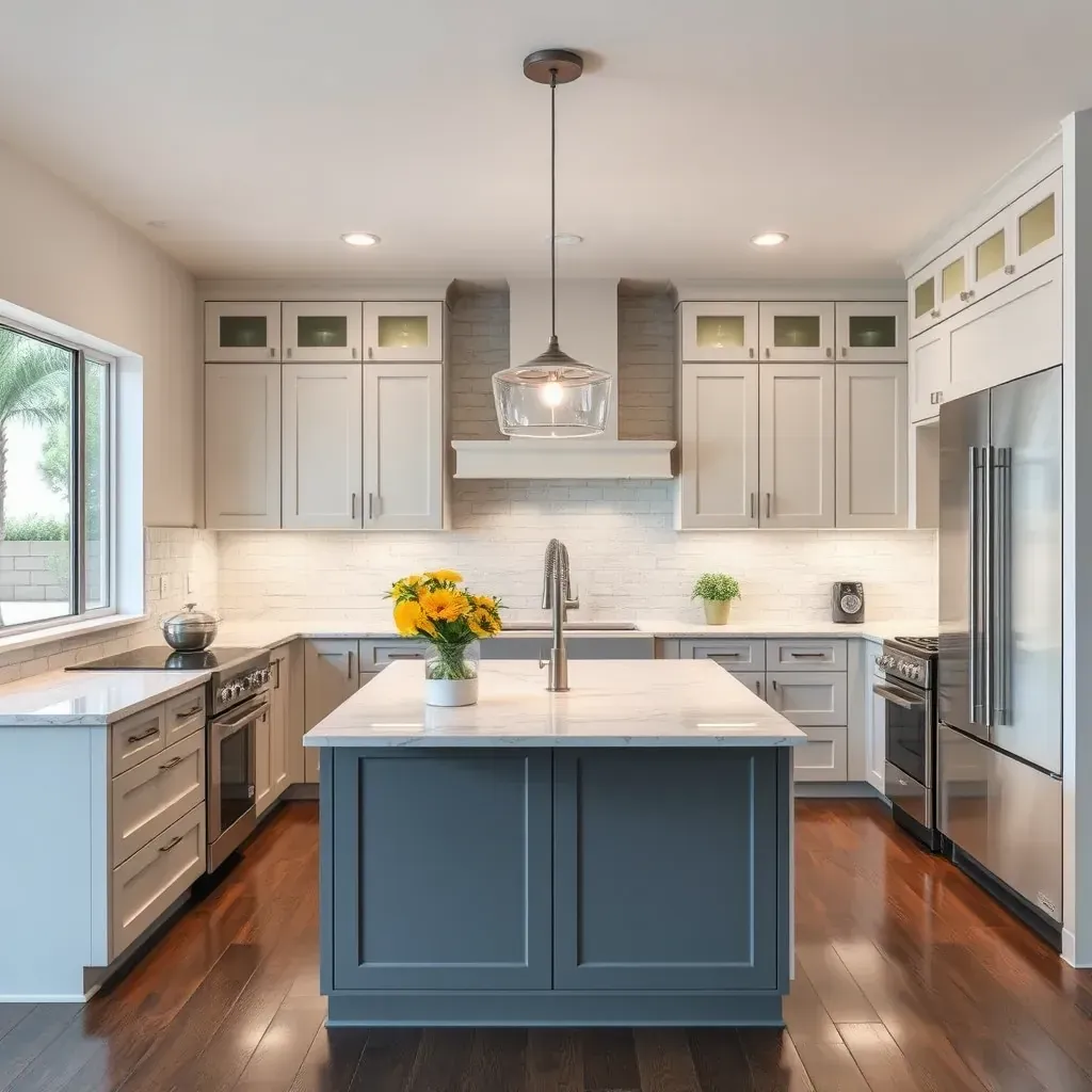 Modern lakeside kitchen with granite countertops, white shaker cabinets, mosaic backsplash, large windows, and hardwood floors.
