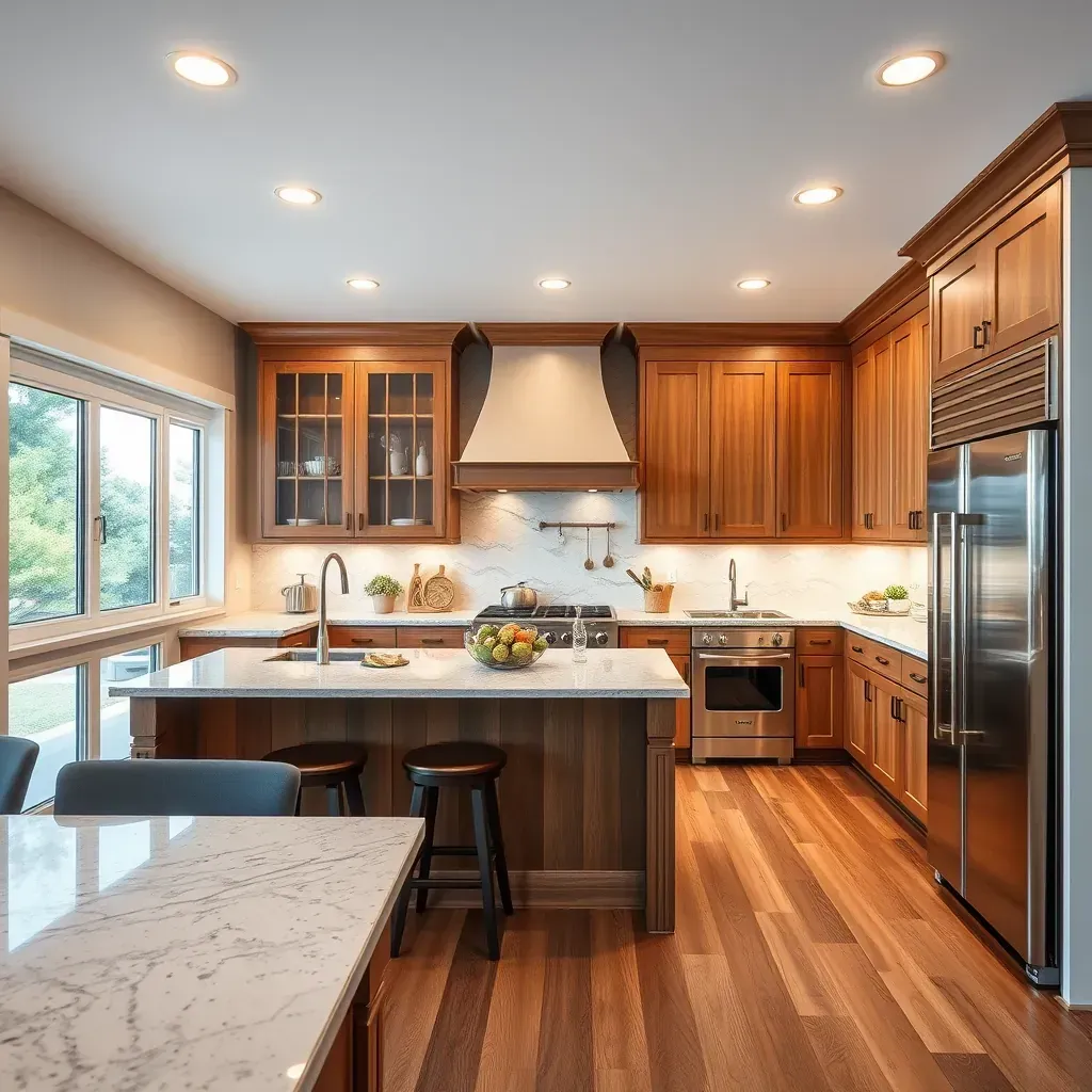 Modern kitchen in Torrey Highlands, CA with white quartz counters, dark hardwood floors, sleek cabinetry, stainless steel appliances, and natural light.