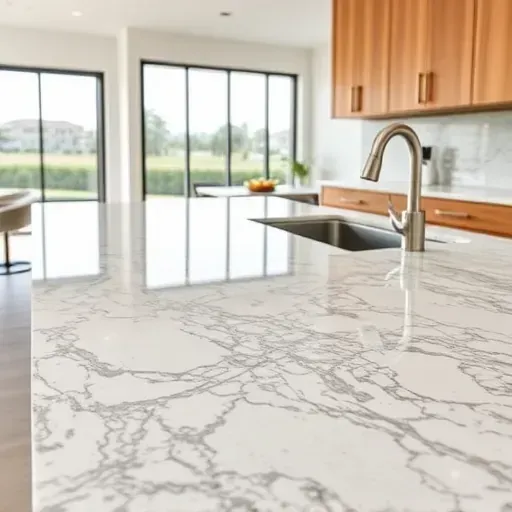 Close-up of a granite kitchen countertop with gray white and blue veining in a modern Vista CA kitchen with warm wood cabinetry