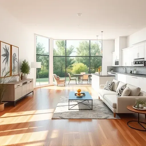 Beautifully remodeled open-concept living area in Scripps Ranch CA with hardwood floors, elegant white walls, and large windows.