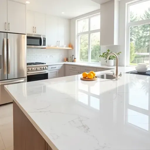 Beautiful polished quartz countertop in a modern kitchen with stainless steel appliances, natural light, and elegant decor