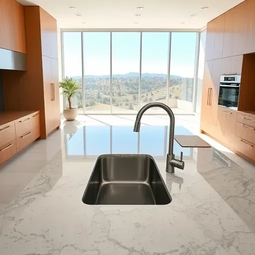 Modern Vista kitchen with polished granite countertops, matte wood cabinets, stainless steel sink, scenic natural light view