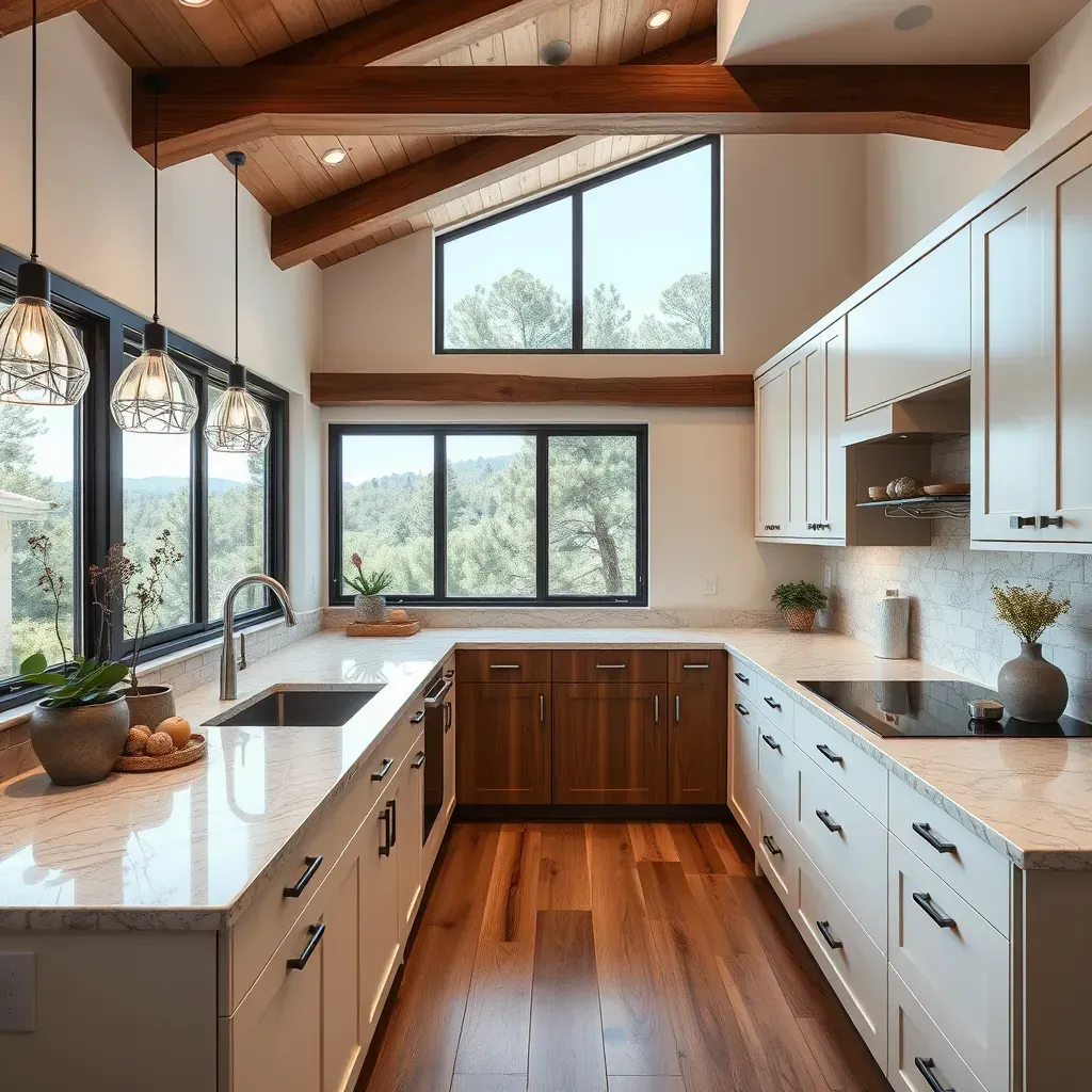 Modern Black Mountain Ranch kitchen with sleek cabinetry, quartz countertops, large island, stainless steel appliances, and mountain views.