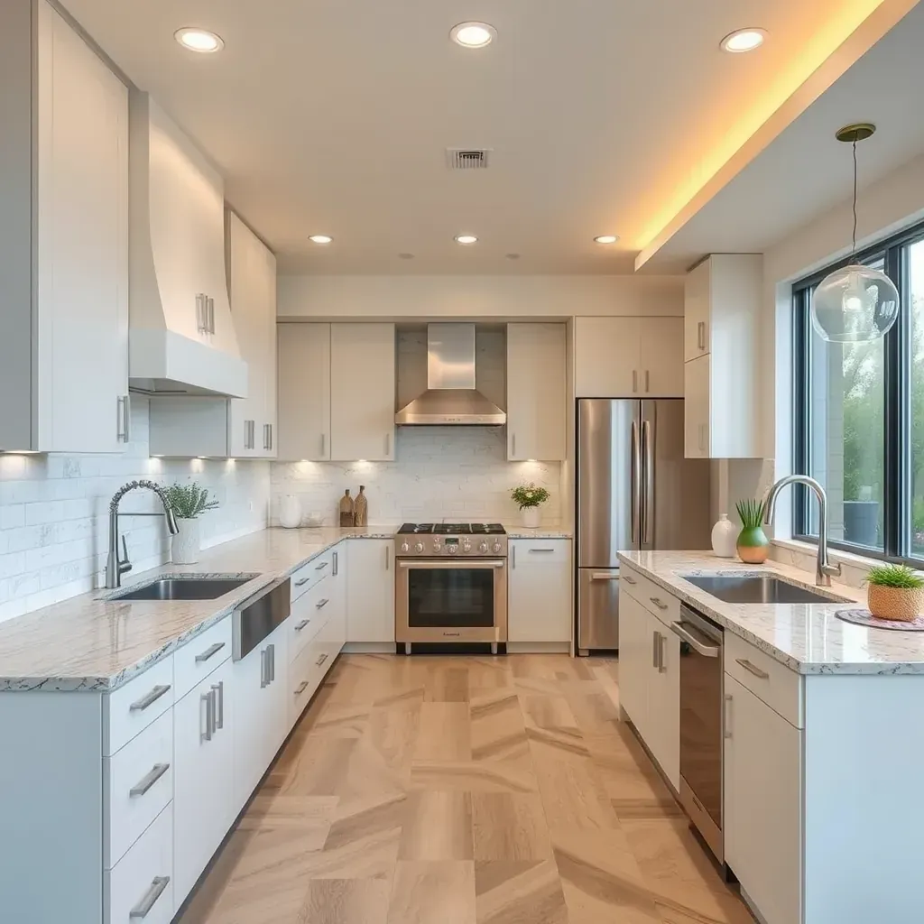 Modern, remodeled 4S Ranch kitchen with gray cabinets, white quartz island, stainless steel appliances, hardwood floors, and natural light.