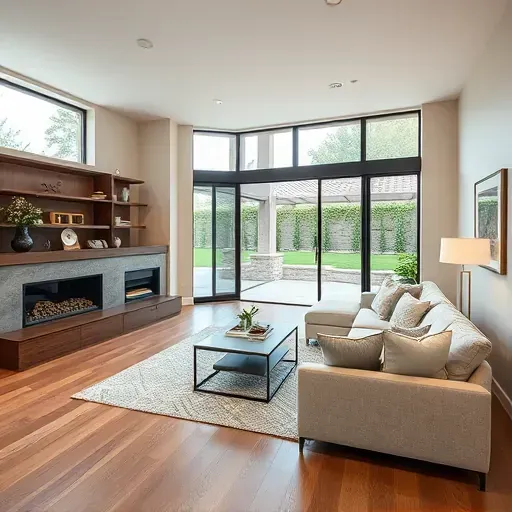 Elegant Lake San Marcos living room blends modern design with comfort, featuring natural light, hardwood floors, and patio access.