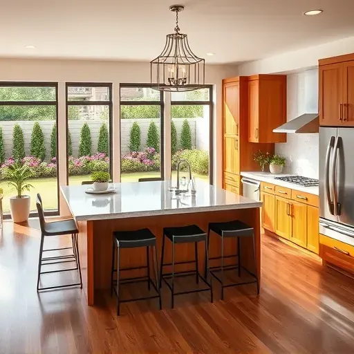 Modern kitchen in Morro Hills CA with custom cabinetry, quartz countertops, and stainless steel appliances, inviting dining area.