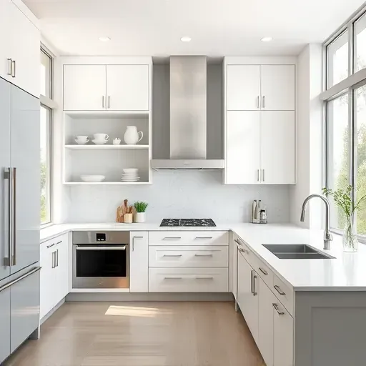 Modern neutral-toned Vista kitchen with sleek matte cabinets, open shelves, natural light, and stylish marble countertops