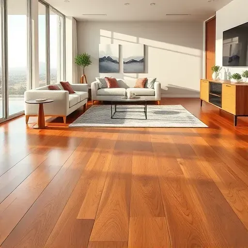 Freshly installed polished oak hardwood flooring in a luxury Vista California living room with modern furniture and scenic view