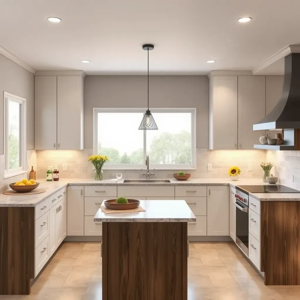 Modern Morro Hills kitchen with large windows, sleek cabinets, quartz countertops, island, stainless steel appliances, and hardwood floors.