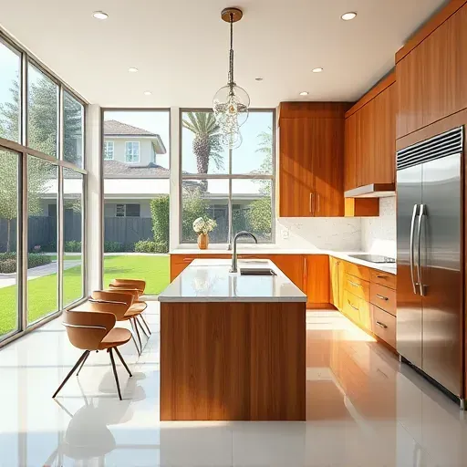 Renovated Fairbanks Ranch kitchen with modern wood cabinetry quartz countertops stainless steel appliances and landscaped garden view