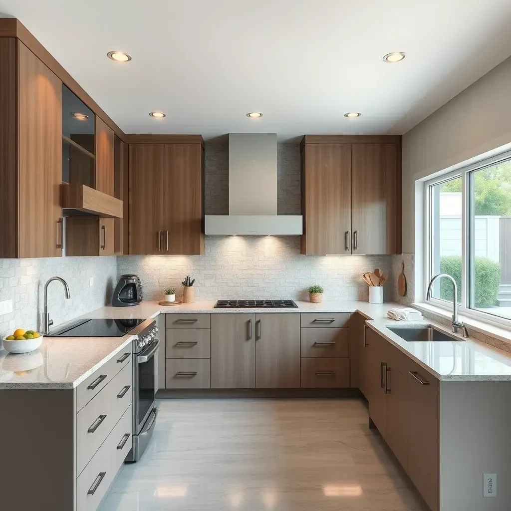 Modern Hidden Meadows kitchen with neutral cabinets, quartz counters, stainless appliances, hardwood floors, and large windows.