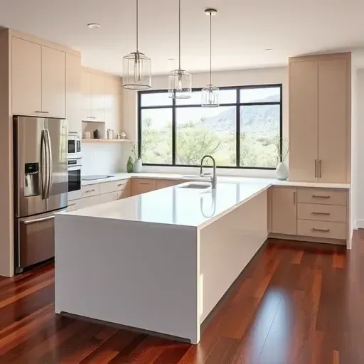 Modern renovated black mountain ranch kitchen with sleek cabinets quartz island stainless steel appliances and lush view