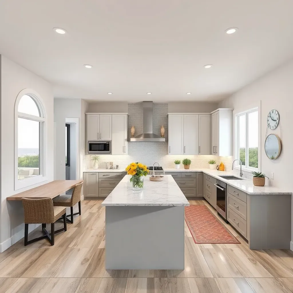 Remodeling scene in Oceanside, CA: a modern coastal home with new porch framework, tools, ocean view, and beach vegetation.