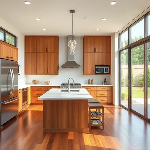 Remodeled Olivenhain CA kitchen with quartz counters stainless appliances custom wood cabinets island lighting and backyard view