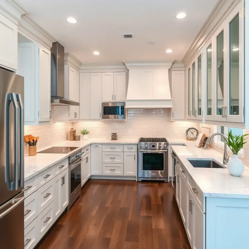 Modern kitchen remodeling in Torrey Highlands, CA featuring sleek cabinetry, granite countertops, stainless appliances, and hardwood flooring.