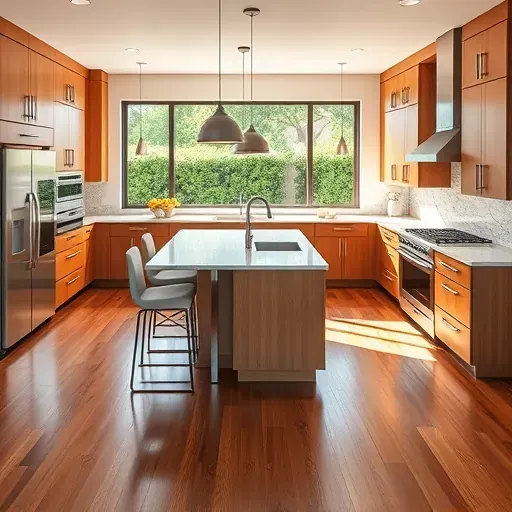 Completed custom modern kitchen in Vista California with wood cabinets granite countertops stainless appliances and garden view