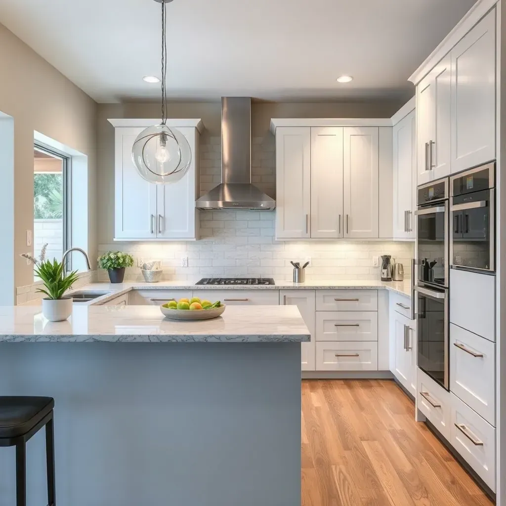 Modern farmhouse kitchen in Rancho Bernardo, CA with quartz countertops, marble island, stainless appliances, and natural daylight.