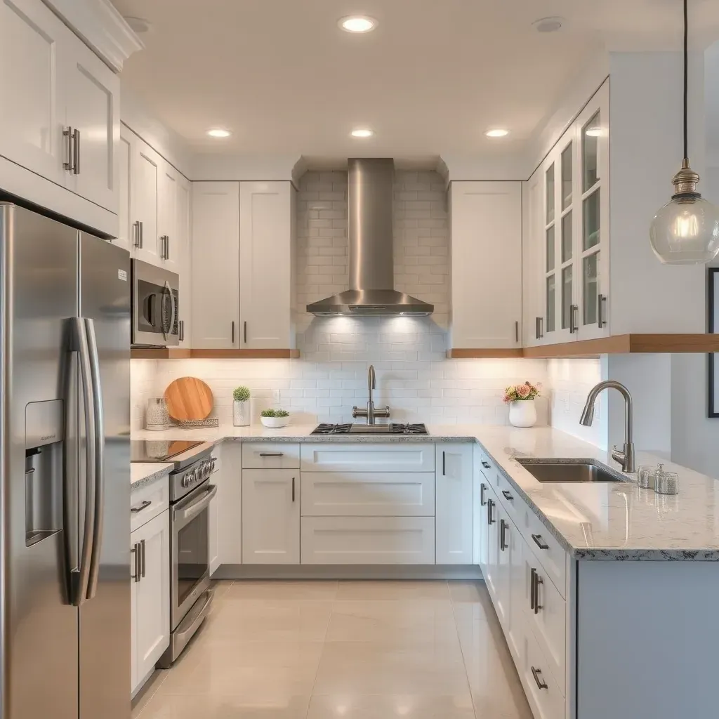 Spacious Cardiff-by-the-Sea kitchen with coastal decor, quartz countertops, shaker cabinets, ocean views, and modern appliances.