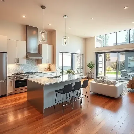 Modern kitchen remodel in Poway CA with sleek appliances, granite counters, and spacious living area with natural light.