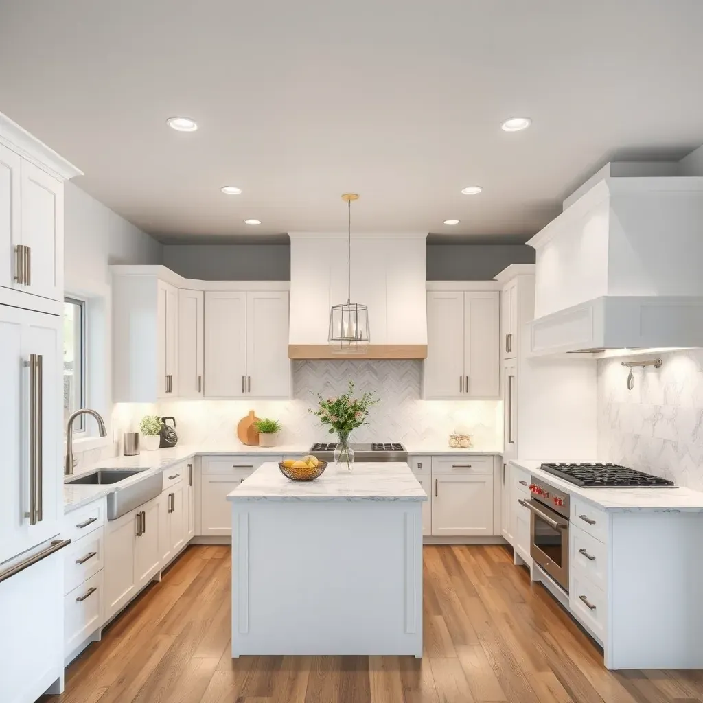 Modern Black Mountain Ranch kitchen with quartz countertops, black hardware, mountain views, stainless steel appliances, and warm wood flooring.