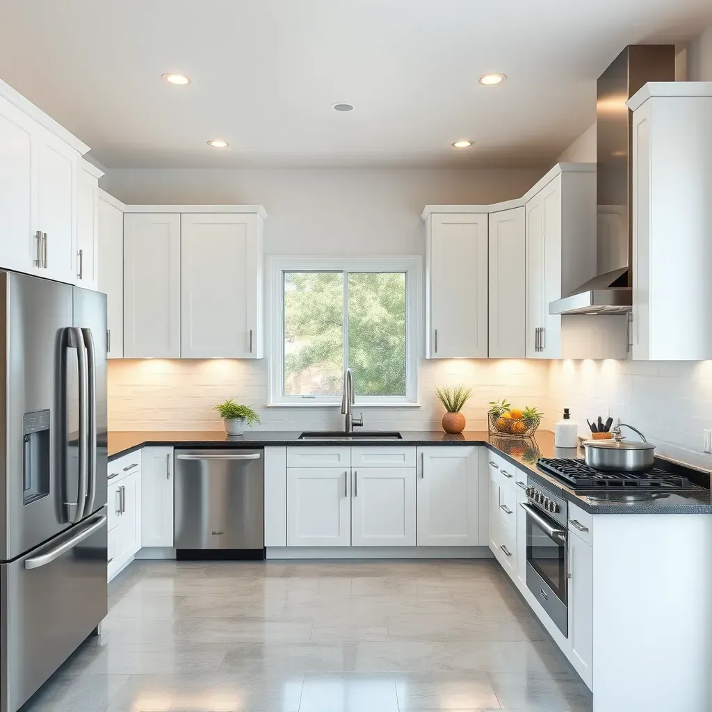 Beautiful renovated Olivenhain kitchen with white shaker cabinets, quartz countertops, stainless steel appliances, and outdoor greenery.