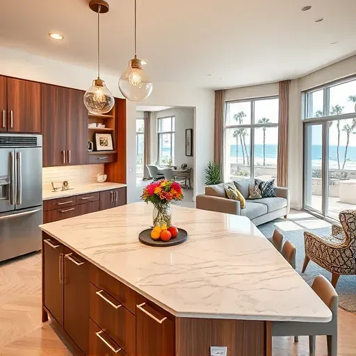 Elegant modern kitchen in Carlsbad CA features high-end appliances, marble countertops, and inviting natural light.